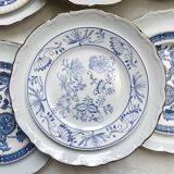 6 Vintage White Porcelain Plates with Gold Trim + 6 Small Mismatched Blue Jacobean Plates