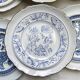 6 Vintage White Porcelain Plates with Gold Trim + 6 Small Mismatched Blue Jacobean Plates