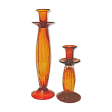 Lot of 2 amber glass candlesticks blown bubbled