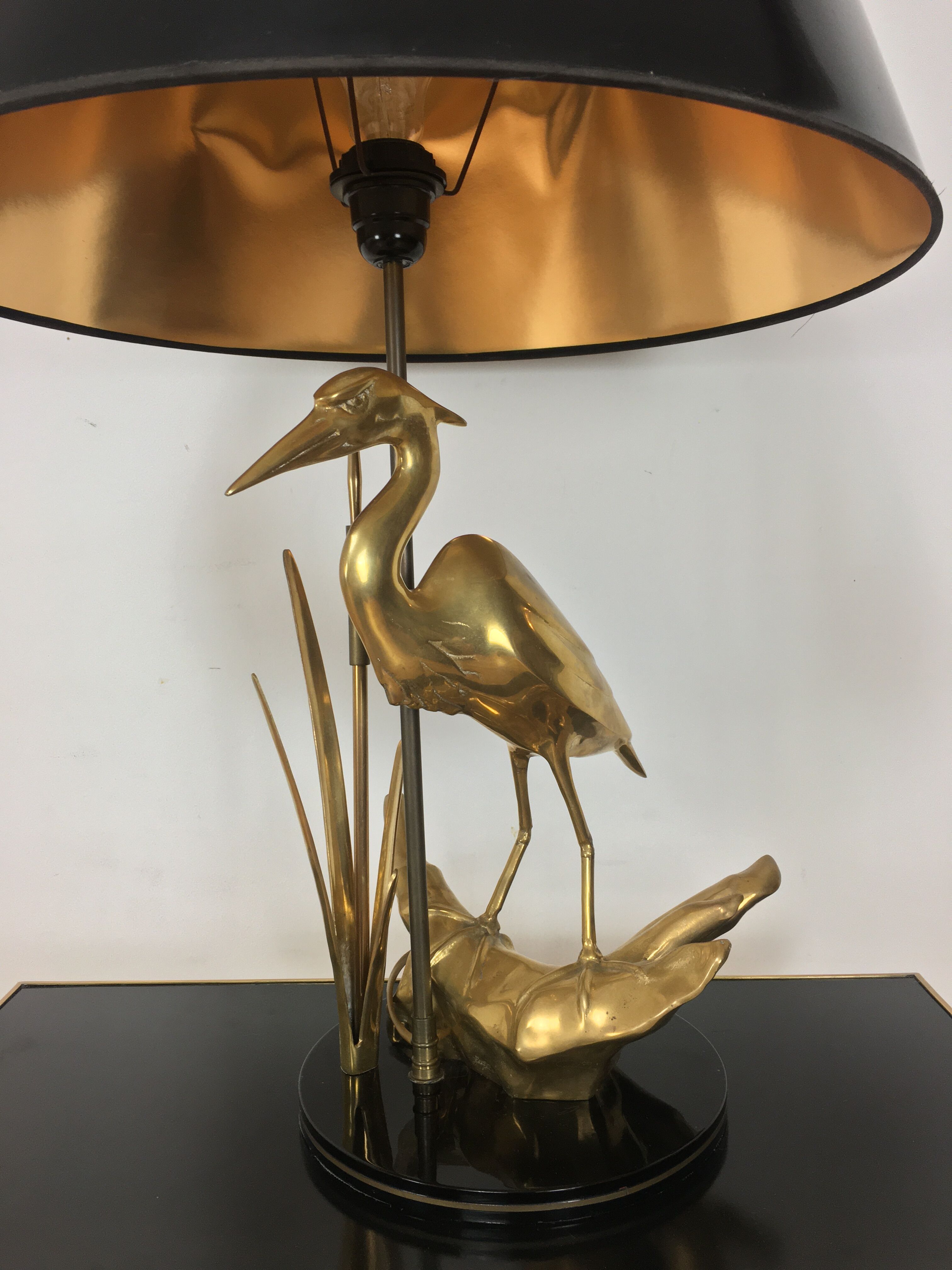 Heron lamp, golden brass animal style