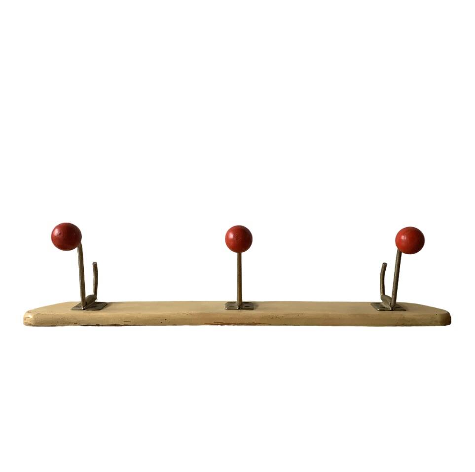 Vintage wooden wall coat rack - triple coat hook with red balls