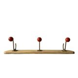 Vintage wooden wall coat rack - triple coat hook with red balls