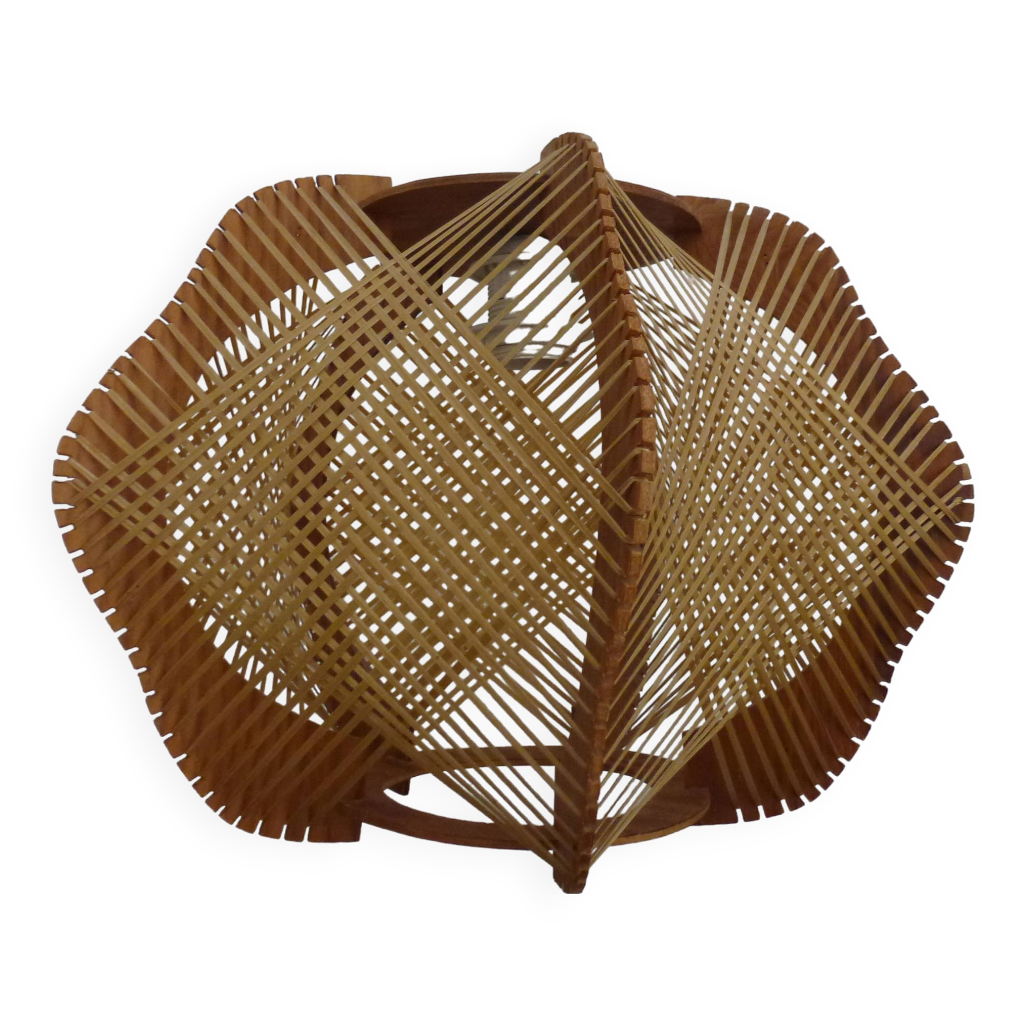 Vintage Scandinavian Pendant Lamp in Wood and Stretched Wires 1960s