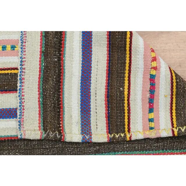 Turkish Vintage Striped Brown Blue Kilim Runner Rug 145x324