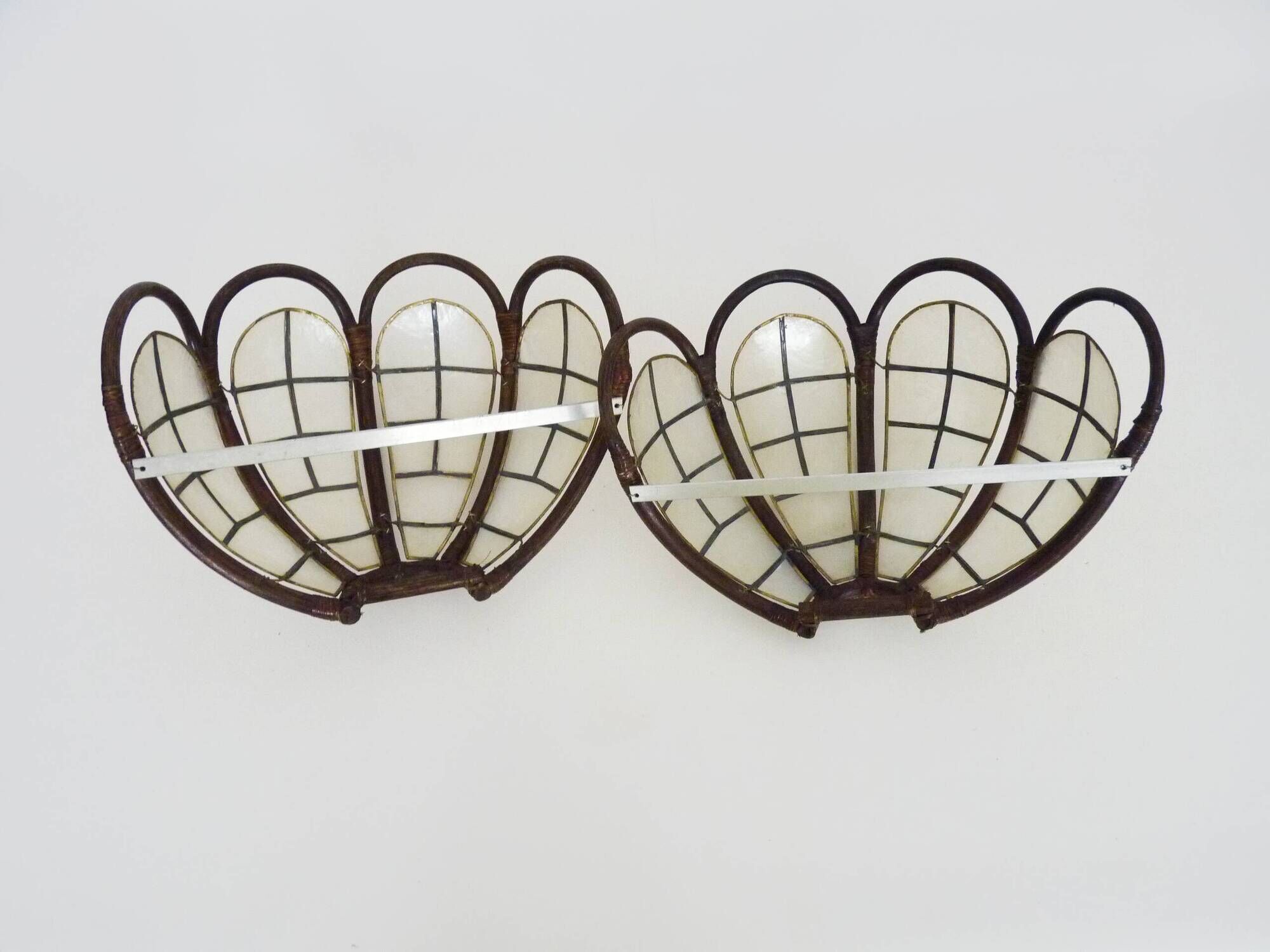 Pair of rattan and mother-of-pearl wall lights from the 50s and 60s