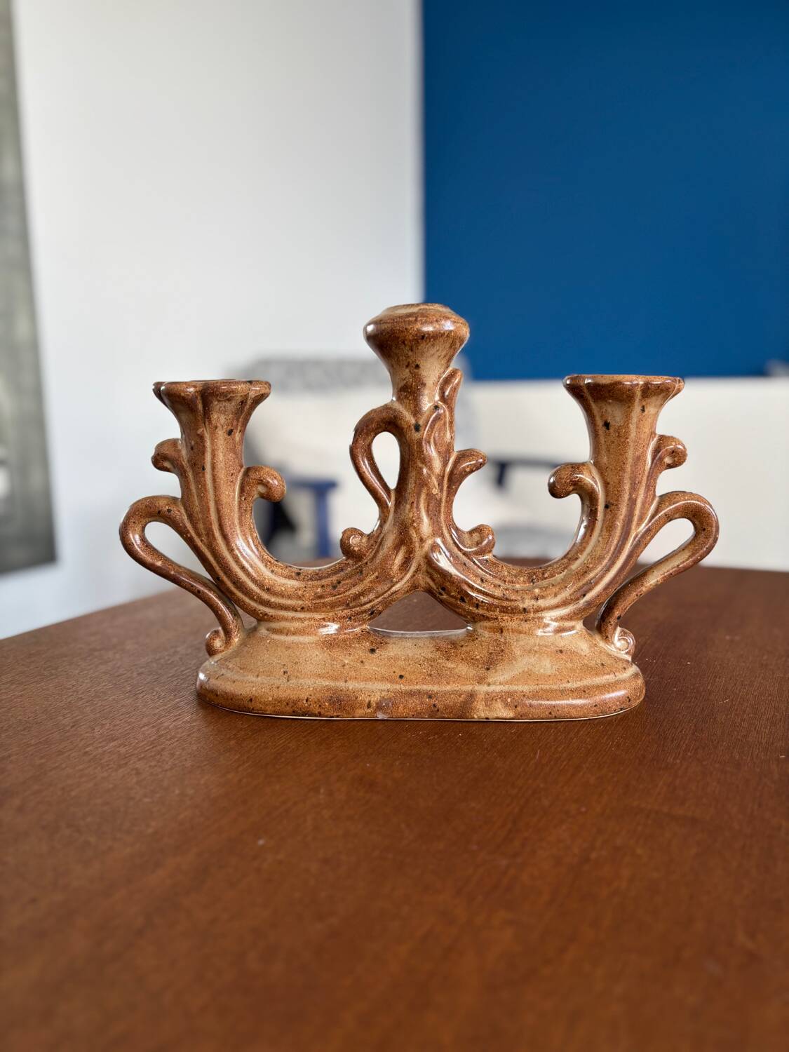 Vintage brown ceramic rustic style candlestick - vintage candle holder