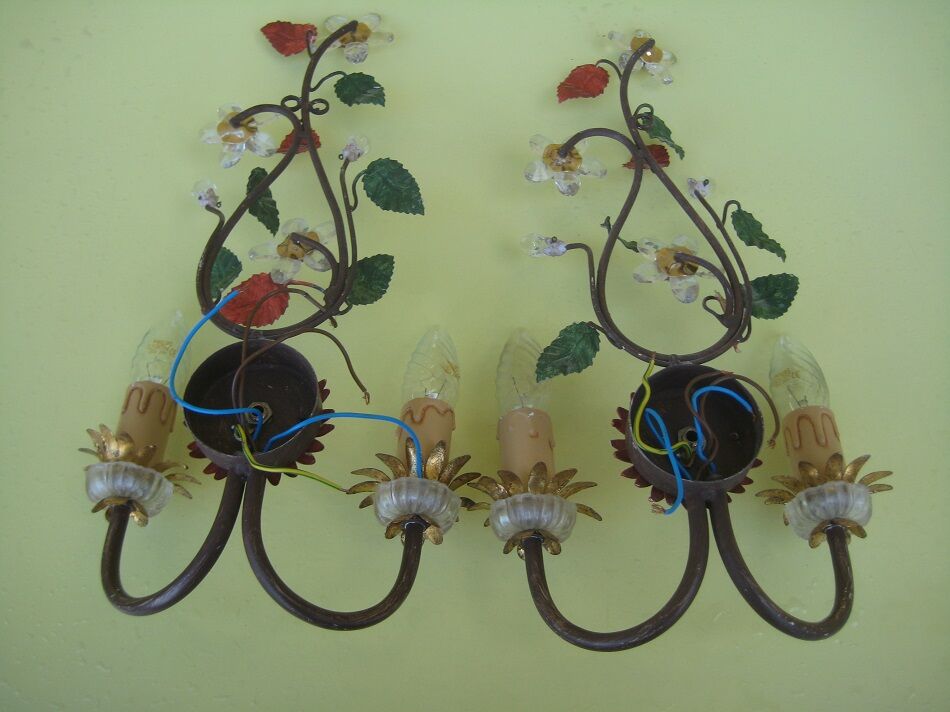 Pair of sconces, patinated metal sheets, glass flowers, 70s