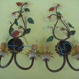 Pair of sconces, patinated metal sheets, glass flowers, 70s