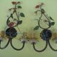 Pair of sconces, patinated metal sheets, glass flowers, 70s