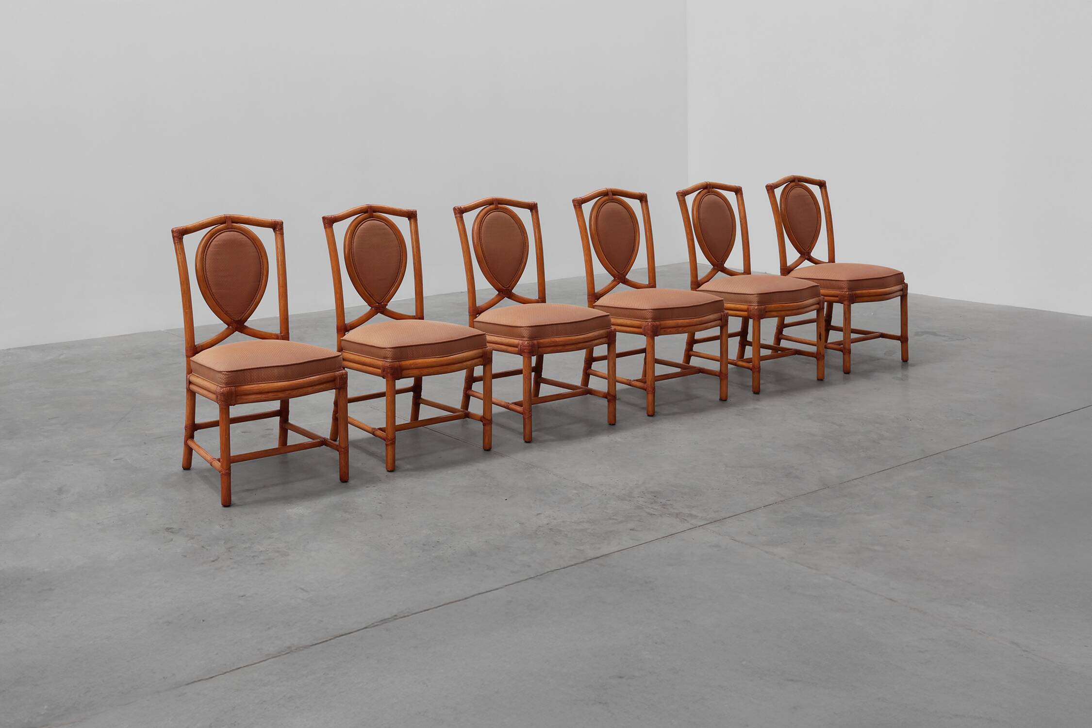 Set of 6 bamboo dining room chairs with geometric upholstery by Gasparucci
