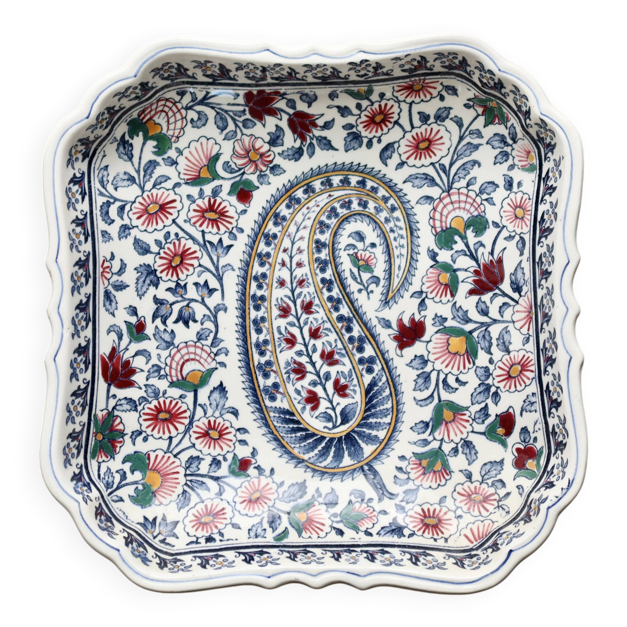 Vintage Gien earthenware square bowl with paisley pattern, 1960s