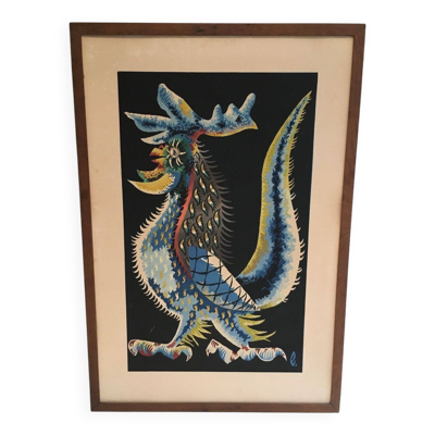 Impression représentant un coq. Travail français signé Jean Lurçat. Vers 1970