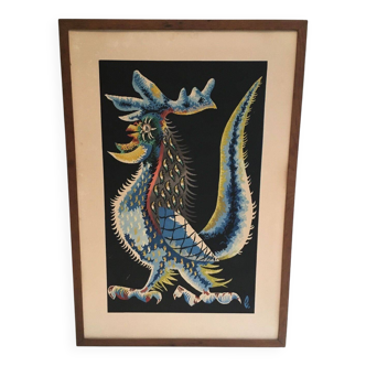 Print depicting a rooster. French work signed by Jean Lurçat. Around 1970.