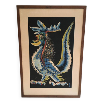 Impression représentant un coq. Travail français signé Jean Lurçat. Vers 1970