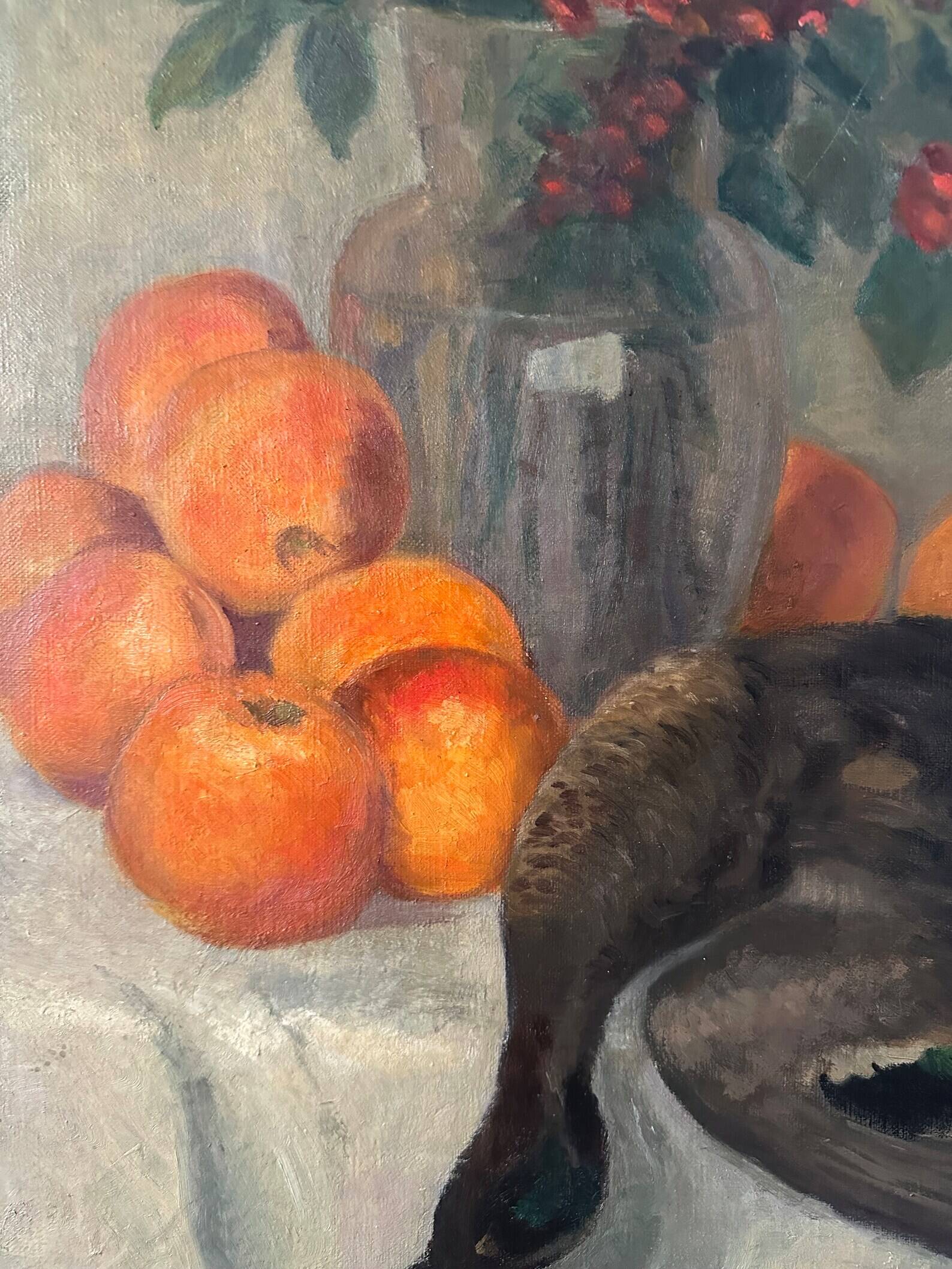 Painting still life orange duck bouquet oil on canvas signed