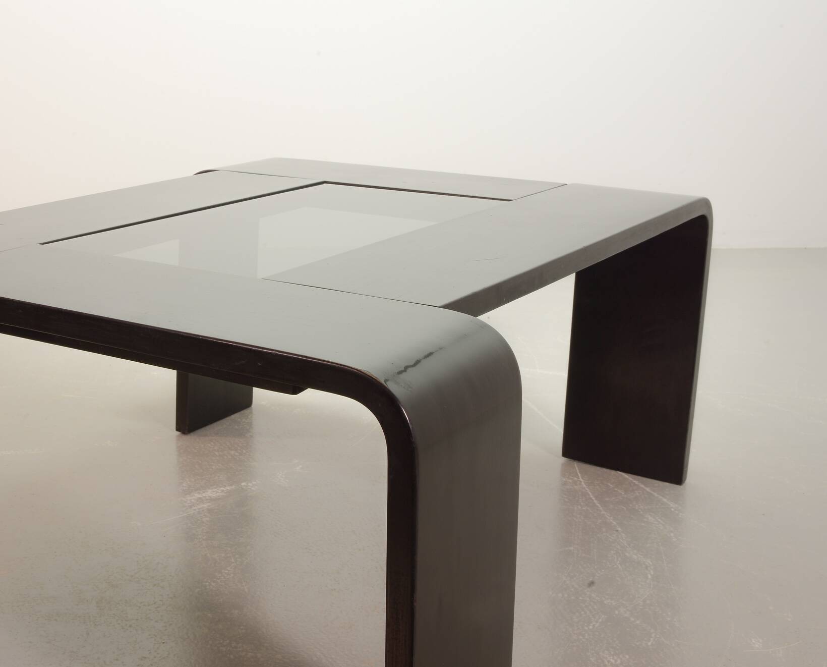 Rectangle Black Lacquered Plywood Coffee Table with Smoked Glass Panel 70s