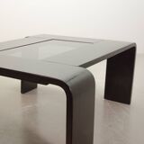 Rectangle Black Lacquered Plywood Coffee Table with Smoked Glass Panel 70s