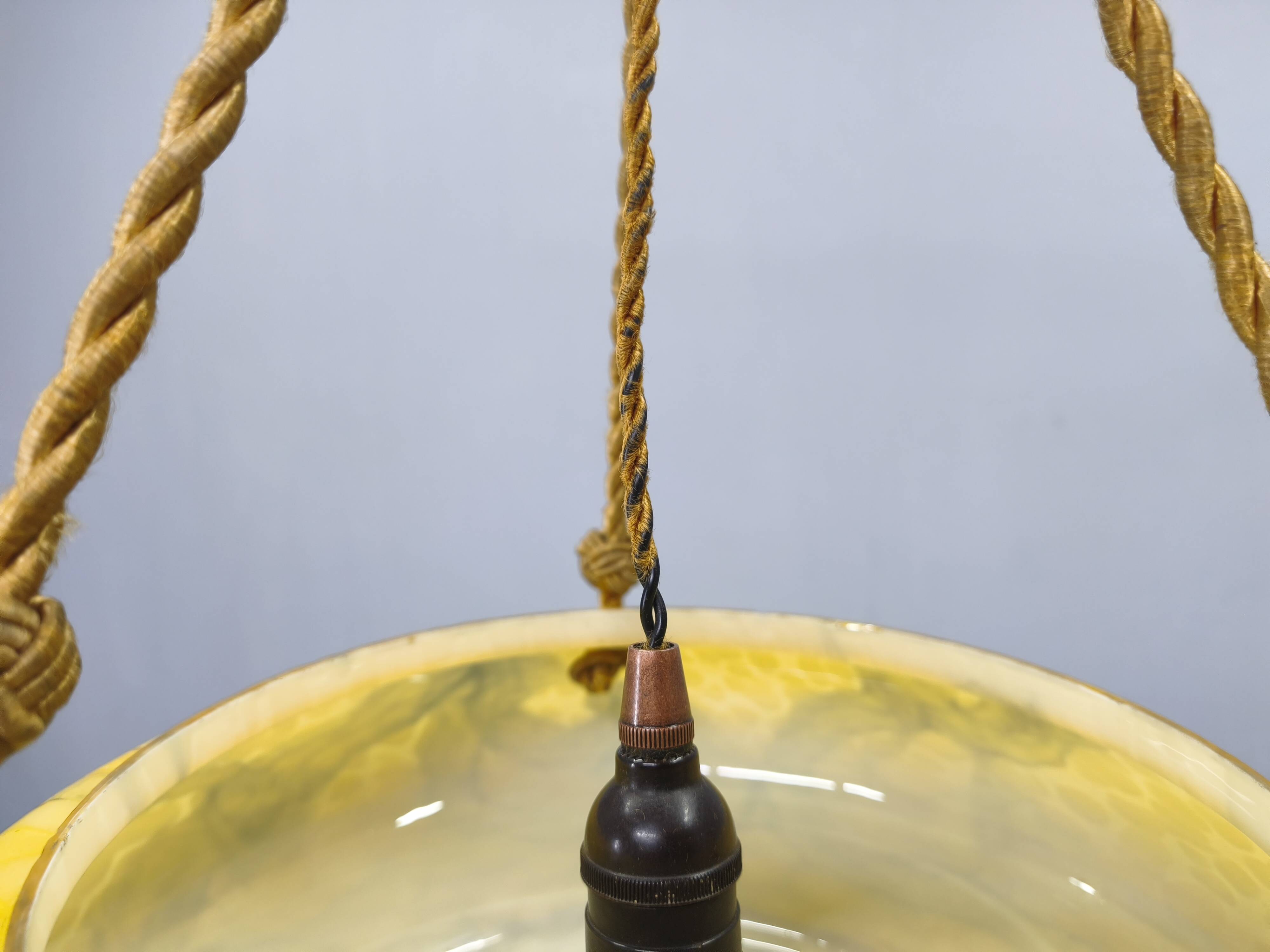 Art Deco Pendant Light, Marbled Glass and Brass, 1930s