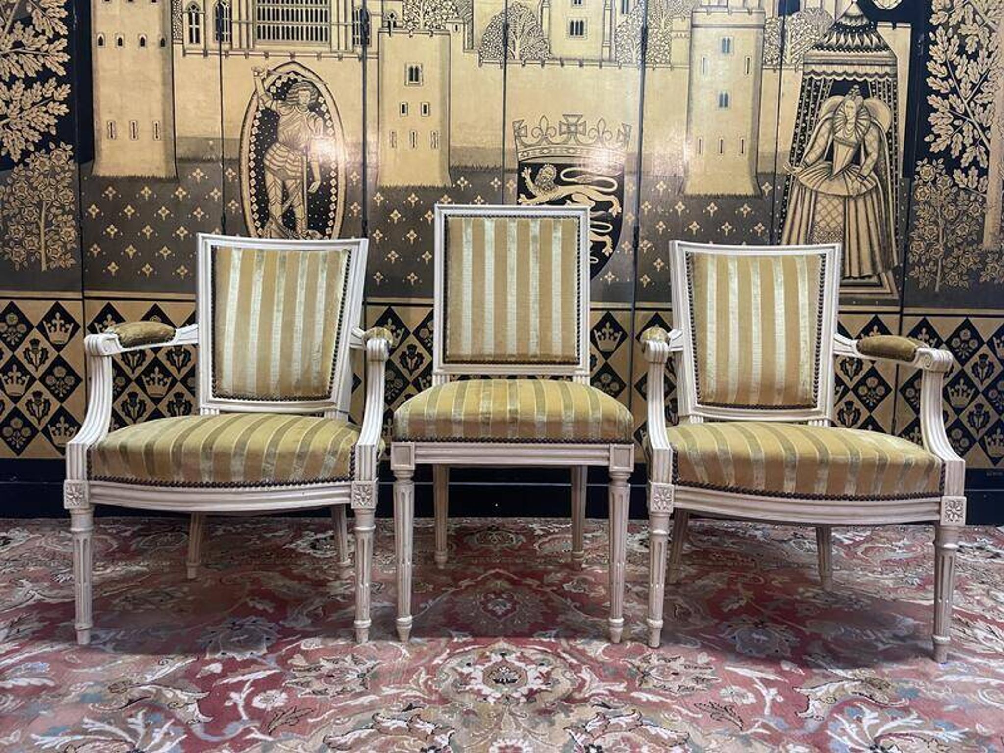 Pair of Louis XVI style cabriolet armchairs and Louis XVI chair
