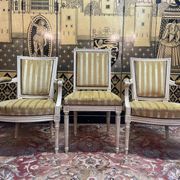 Pair of Louis XVI style cabriolet armchairs and Louis XVI chair