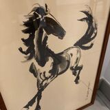 Chinese print black horse framed