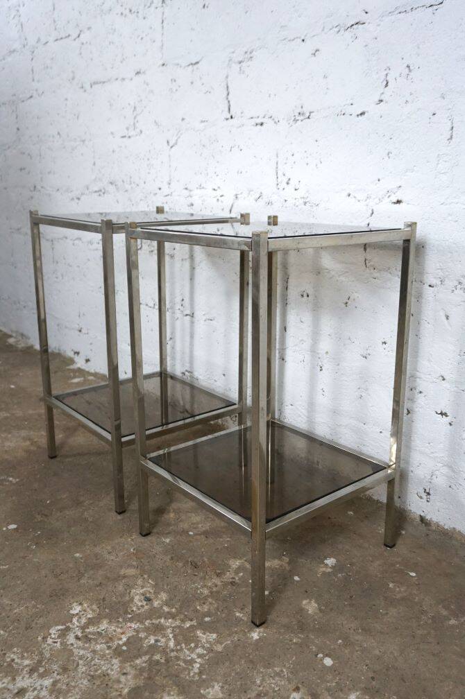 Pair of vintage side tables, chrome and smoked glass 1970