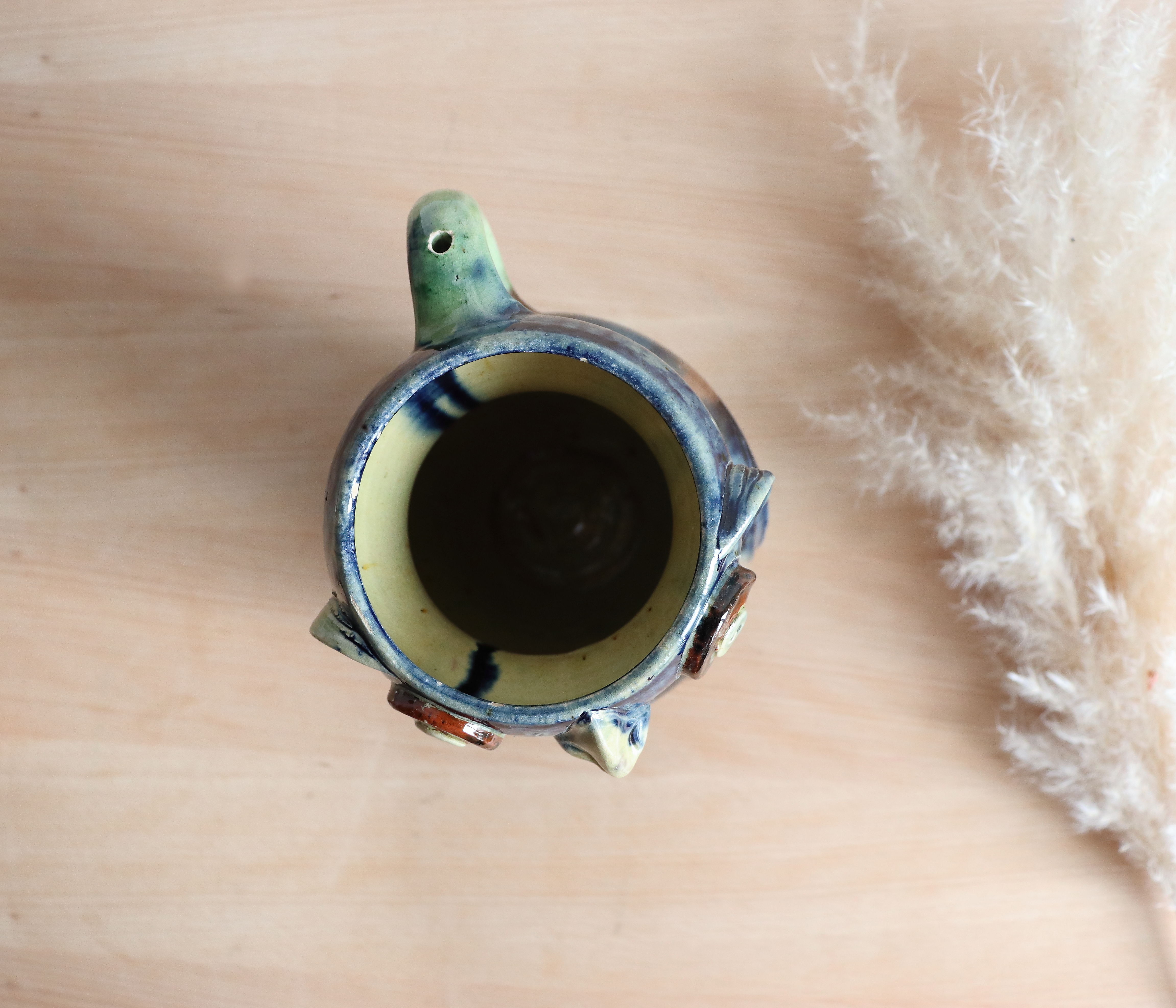 Zoomorphic ceramic owl vase in Flanders earth, Torhout Belgium, Art Nouveau period