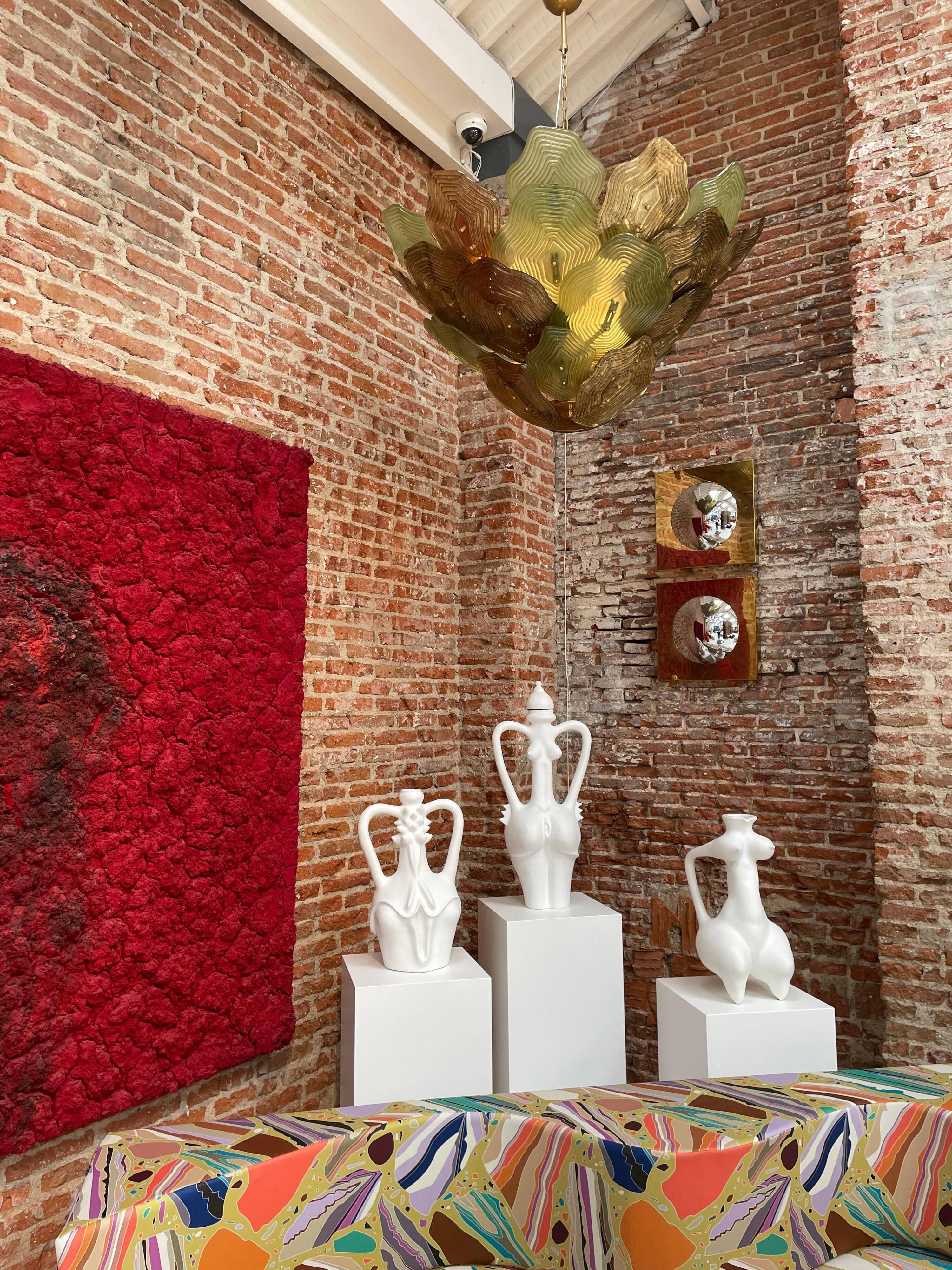 Murano Multicolored Green, Brown and Gold Glass Ceiling Lamp, Italy.