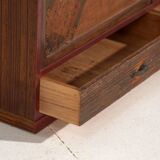 Small Japanese cabinet with sliding doors, Kabuki decoration, made of paulownia wood, early Showa period, circa 1926–1970.