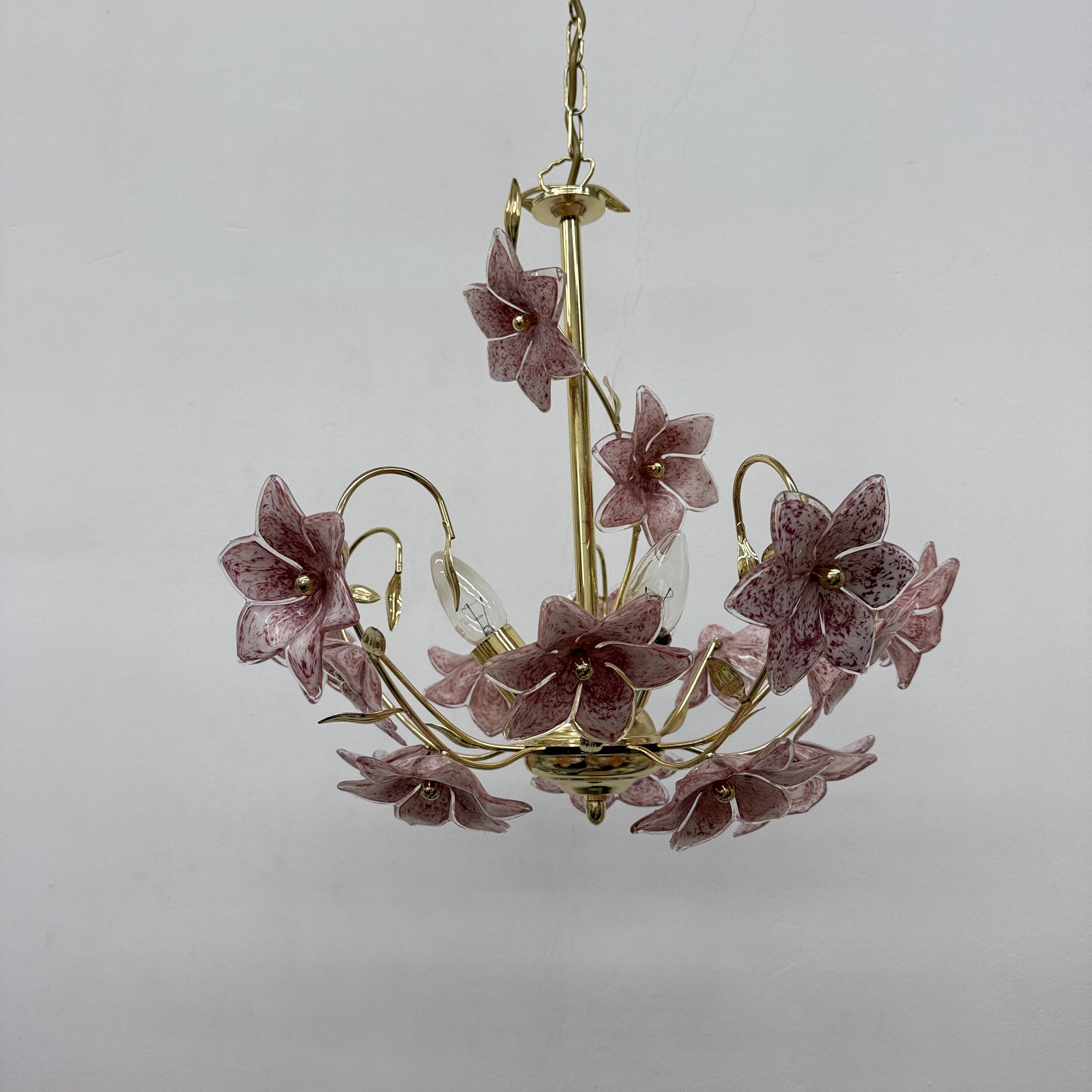 Chandelier with mourn glass pink flowers , 1970s