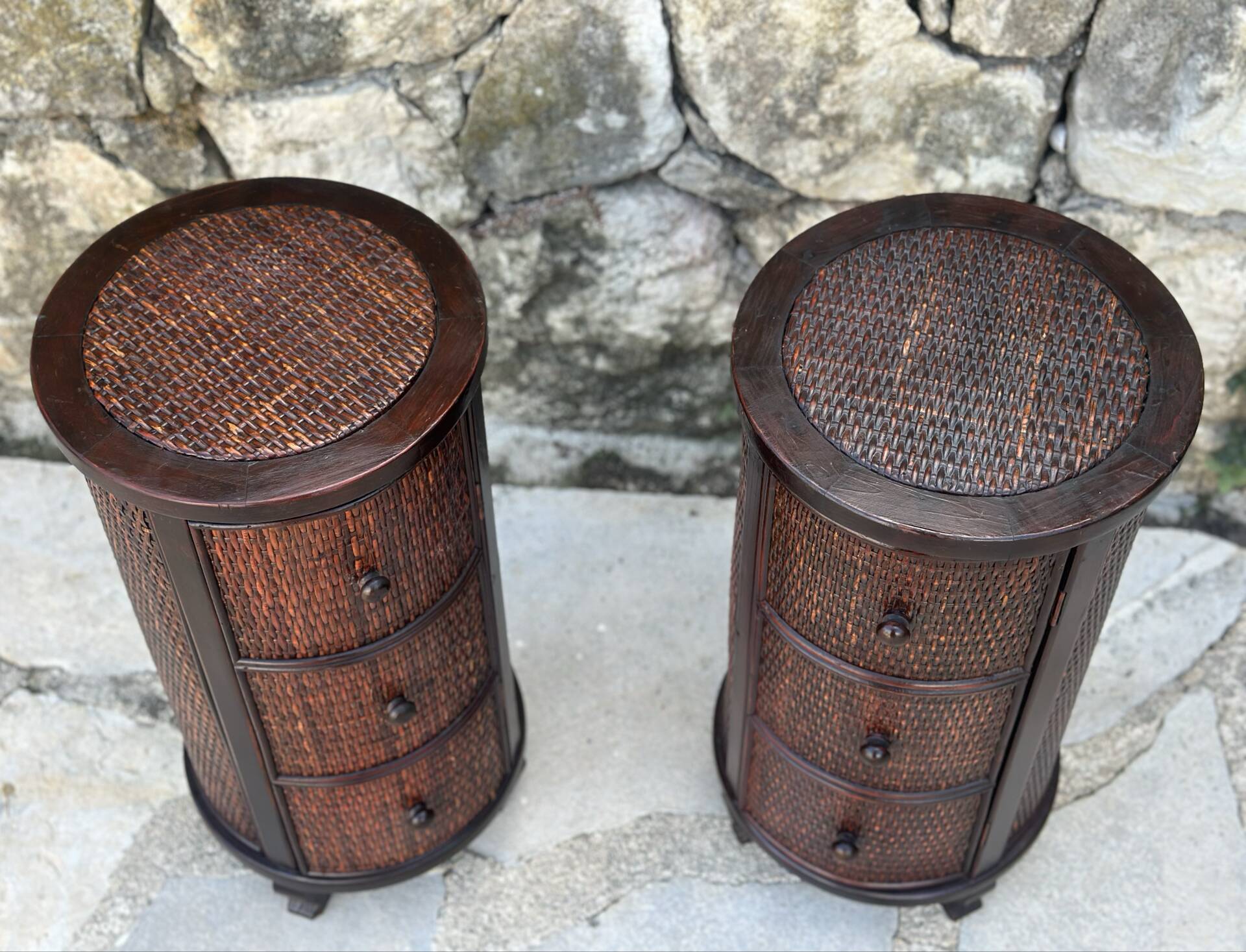 Pair of cylindrical bedside tables or drum bedside tables in exotic wood.