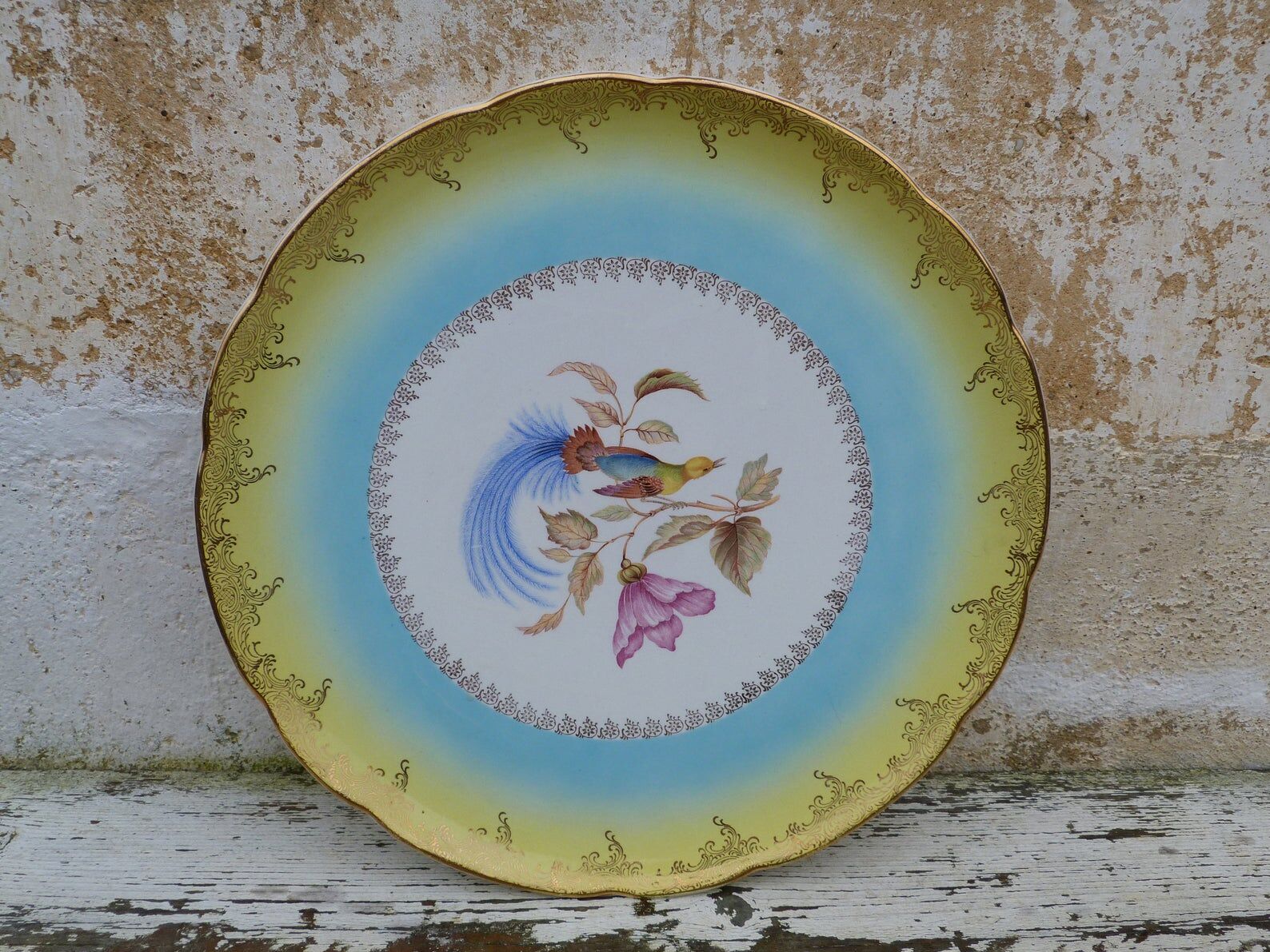 Large round dish 1900 Digoin - Sarreguemine Bird of the Islands