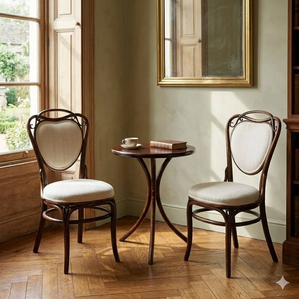 Pair of antique Thonet chairs no. 6 in beech and fabric, Vienna, Austria, 19th century.