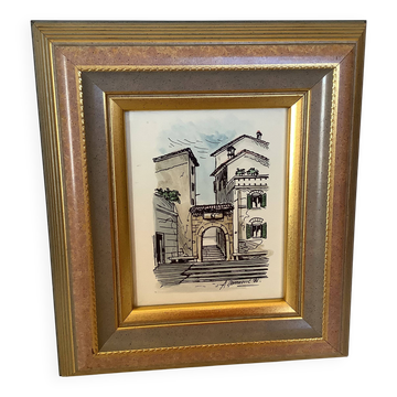 Tableau aquarelle signée vue de village