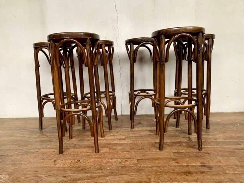 Series of 6 bar stools in curved wood