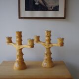 Set of 2 three-armed wooden candlesticks