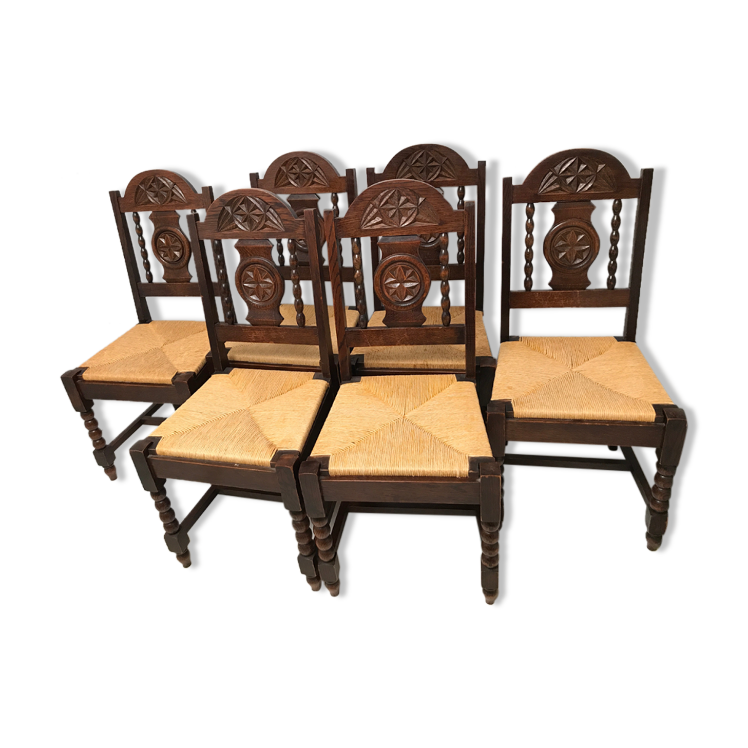 Set of 6 vintage straw and turned wood chairs