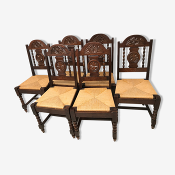 Set of 6 vintage straw and turned wood chairs