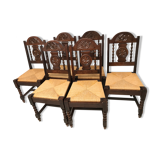 Set of 6 vintage straw and turned wood chairs
