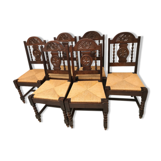 Set of 6 vintage straw and turned wood chairs