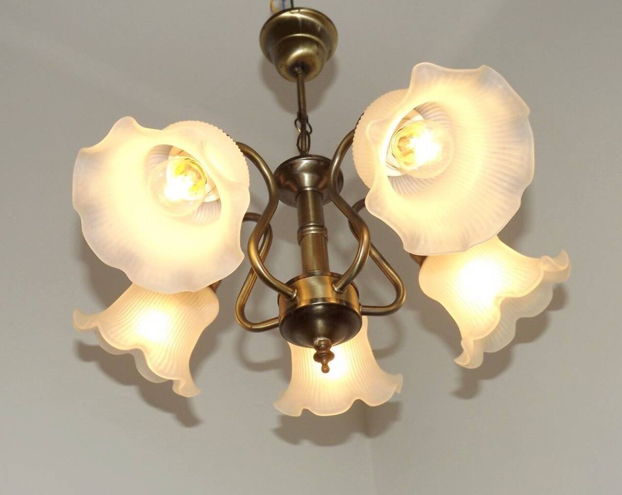 Vintage French 5 Light Silver Metal Chandelier With Patterned Glass Shades 4536