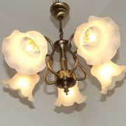 Vintage French 5 Light Silver Metal Chandelier With Patterned Glass Shades 4536