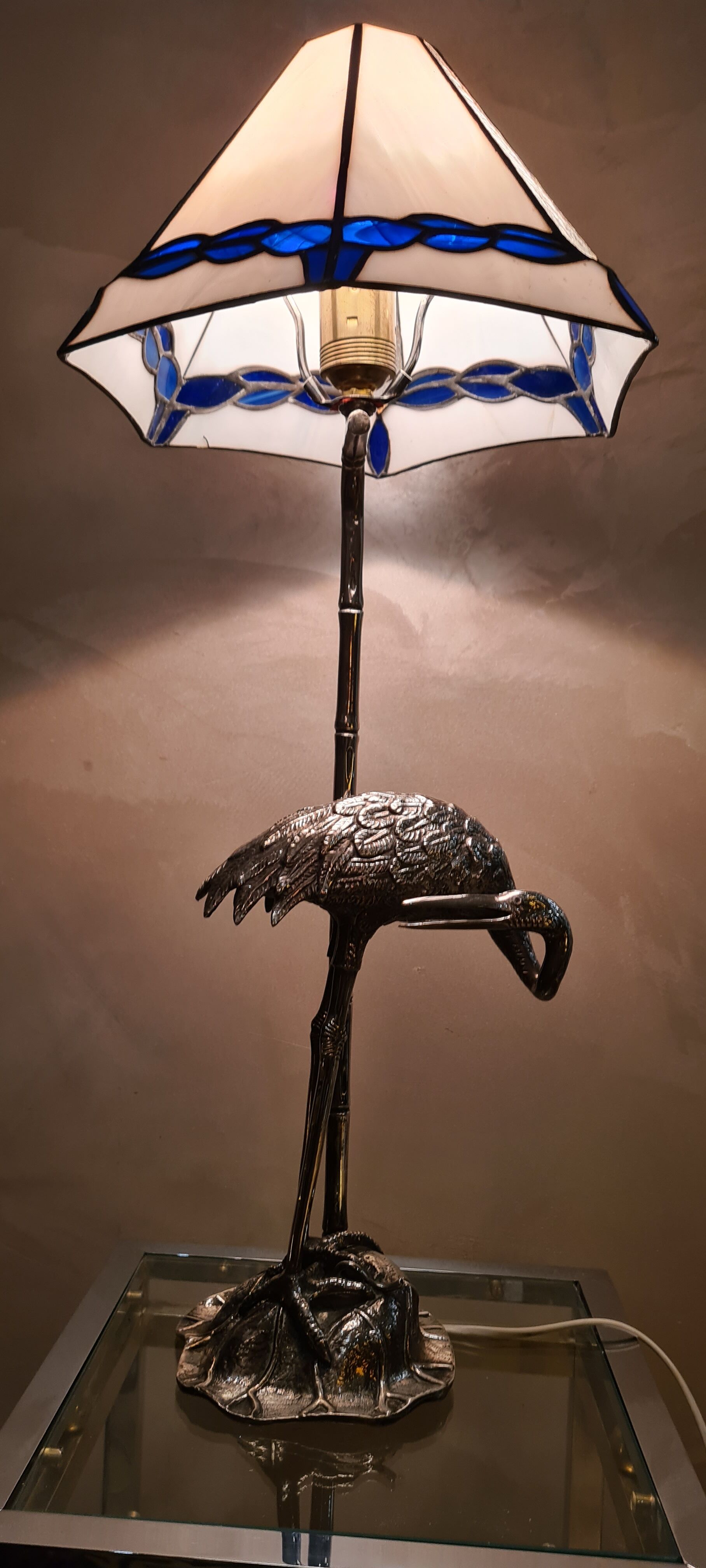 silver metal lamp, heron, wader, bamboo