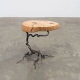 Brutalist artisanal wrought iron and slab wood side table