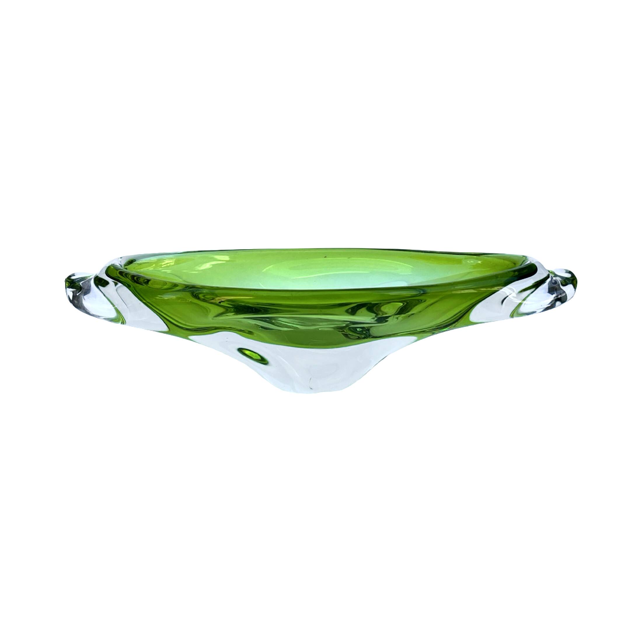 Green glass bowl, designed by J. Broz, Skrdlovice, Czechoslovakia, 1960s.