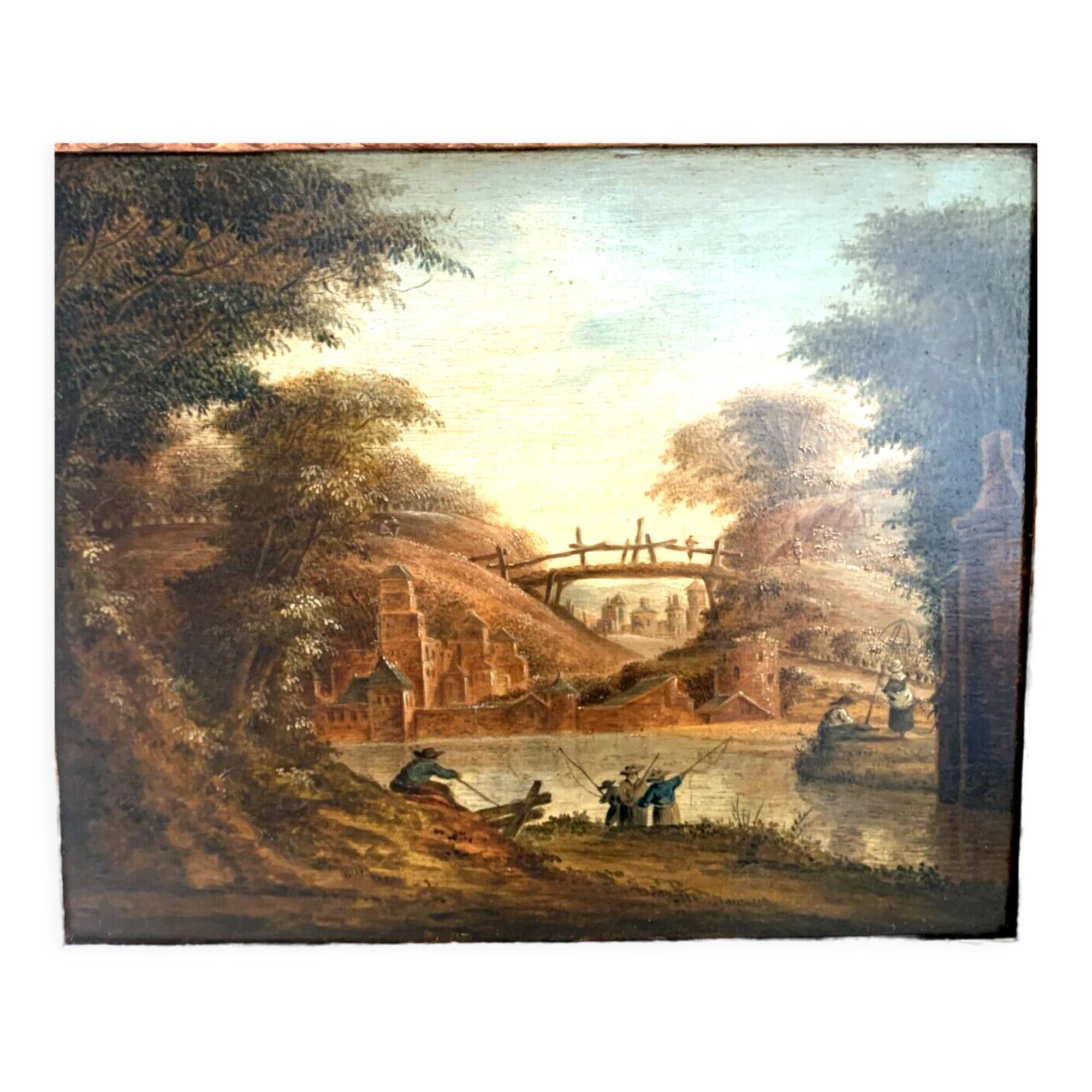 Oil on oak panel animated landscape xix century
