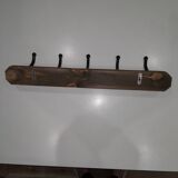 Vintage wooden coat rack with 5 double cast iron hooks
