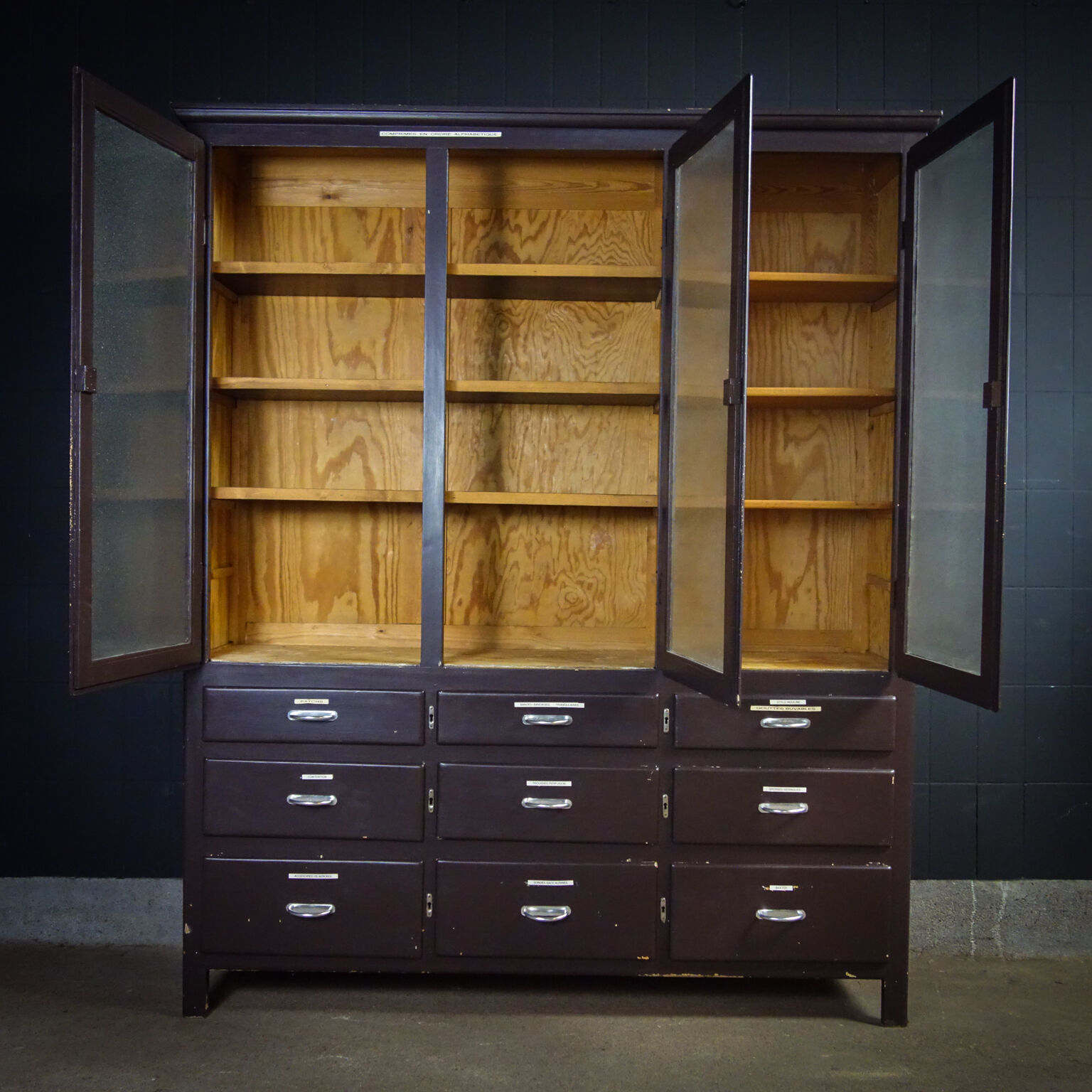 Medical display cabinet with drawers 1950
