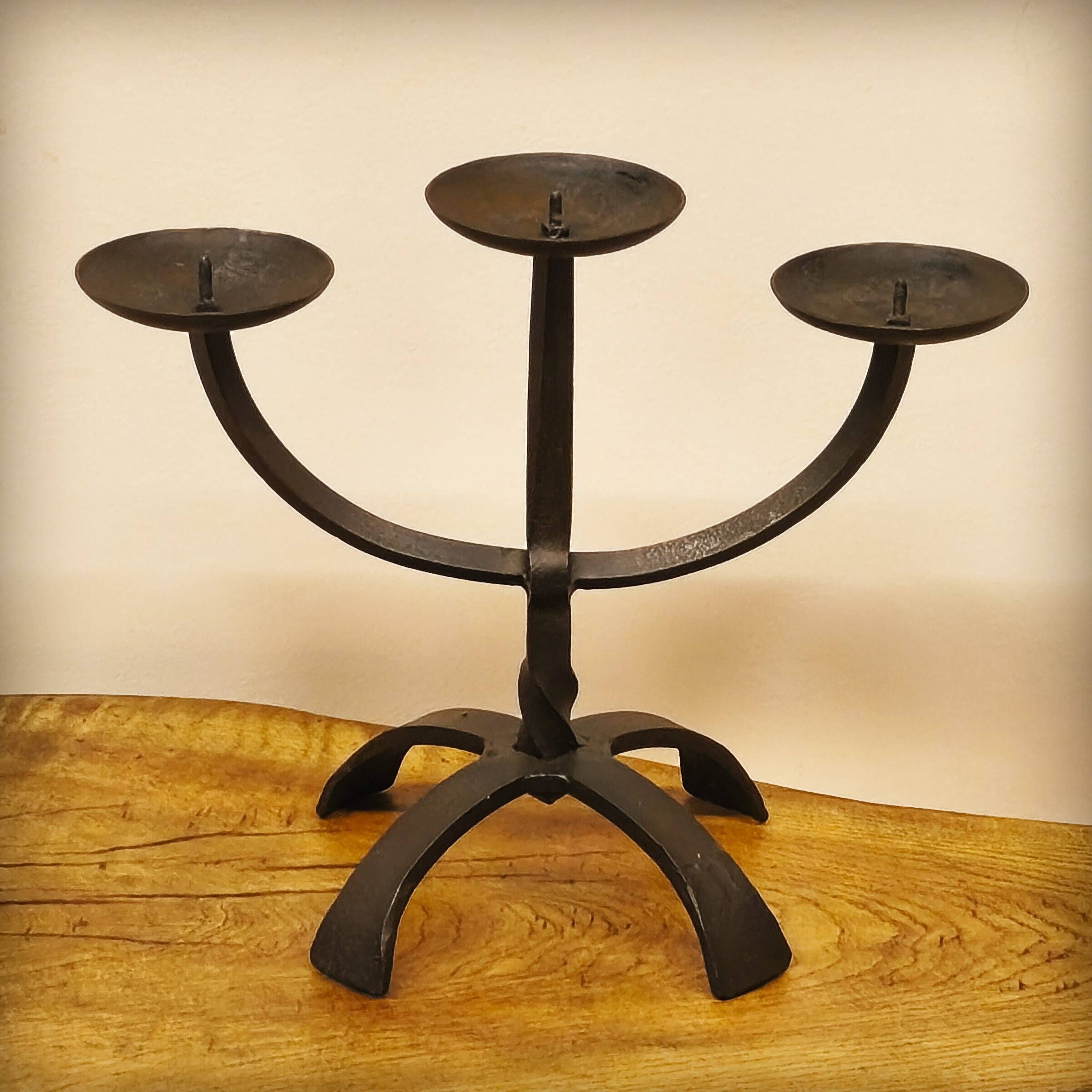 Brutalist three-light chandelier in hammered wrought iron, France, 1960s