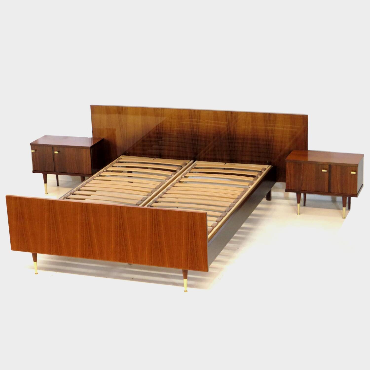 Vintage mid century double bed bedroom set in rosewood & brass, 1960s